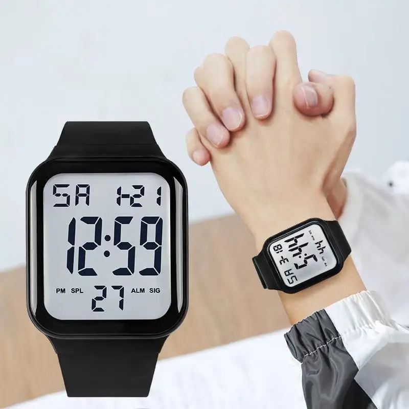 New Fashionable Square Men's Watch Silicone Strap Night Light Multifunctional Watch Trendy Sports Electronic Watch Student Watch