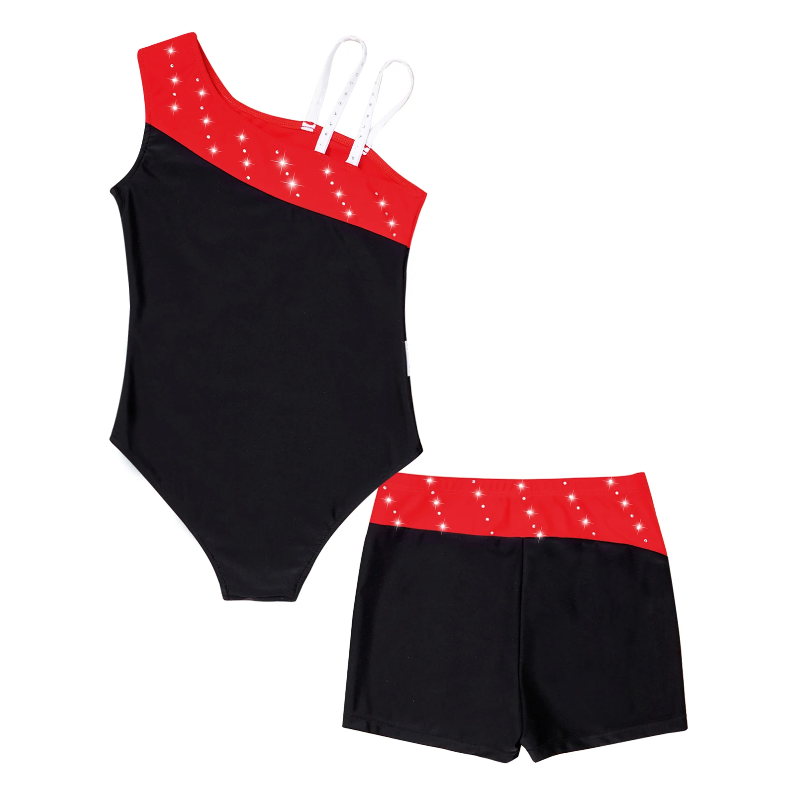 Kids Girls Sleeveless Ballet Dance Leotard with Shorts Set Shiny Rhinestone Gymnastics Bodysuit Dancewear Workout Outfits