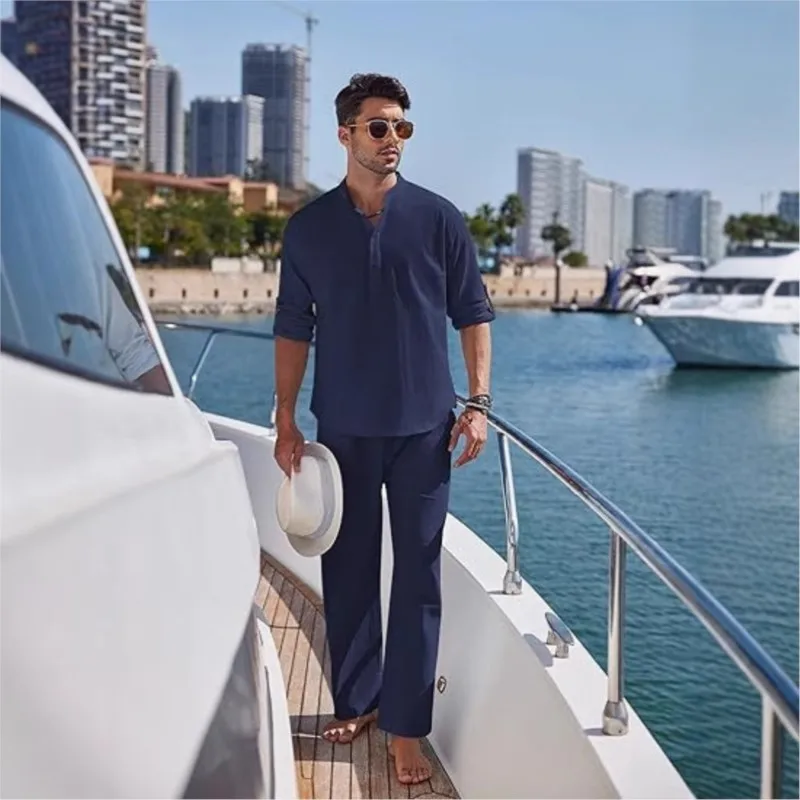 Summer New Men's Cotton Linen Shirt Set Vacation Men's Casual Henley Collar Long Sleeved Shirts + Beach Trousers 2-piece Set