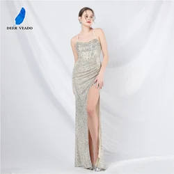 DEERVEADO Sexy Mermaid Slit Evening Dress for Woman Strap Sequined Prom Party Maxi Dress for Special Events Formal Dress Gala