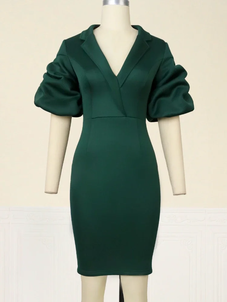 Green V Neck Dresses for Women Short Puff Sleeve High Waist Bodycon Office Lady Evening Event Party Gowns Outfits 2024 New