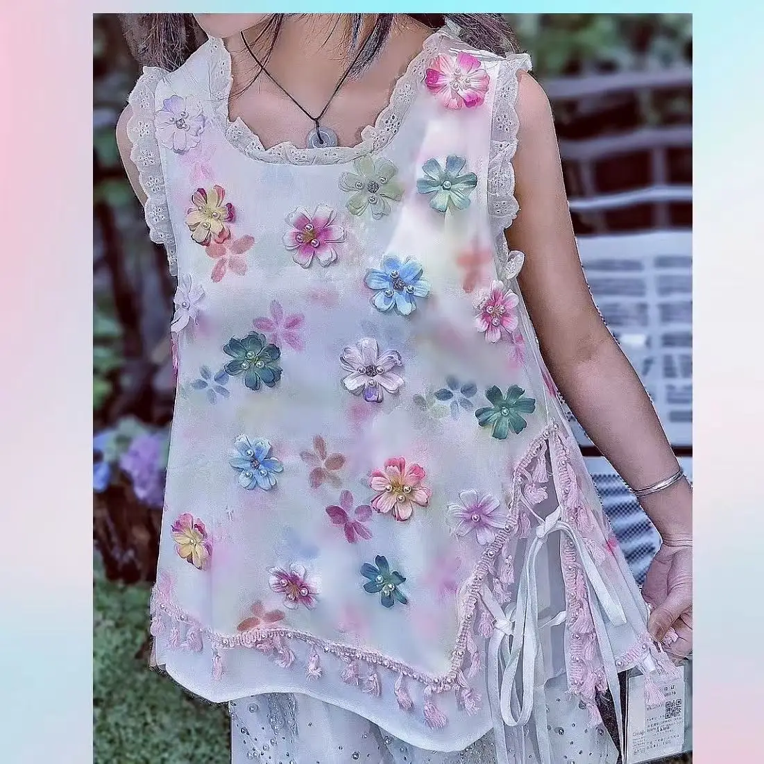 

Luxury Design Colorful Flowers Stitch Sleeveless Shirts Blouses for Women's Summer Unique Tops Women Clothes
