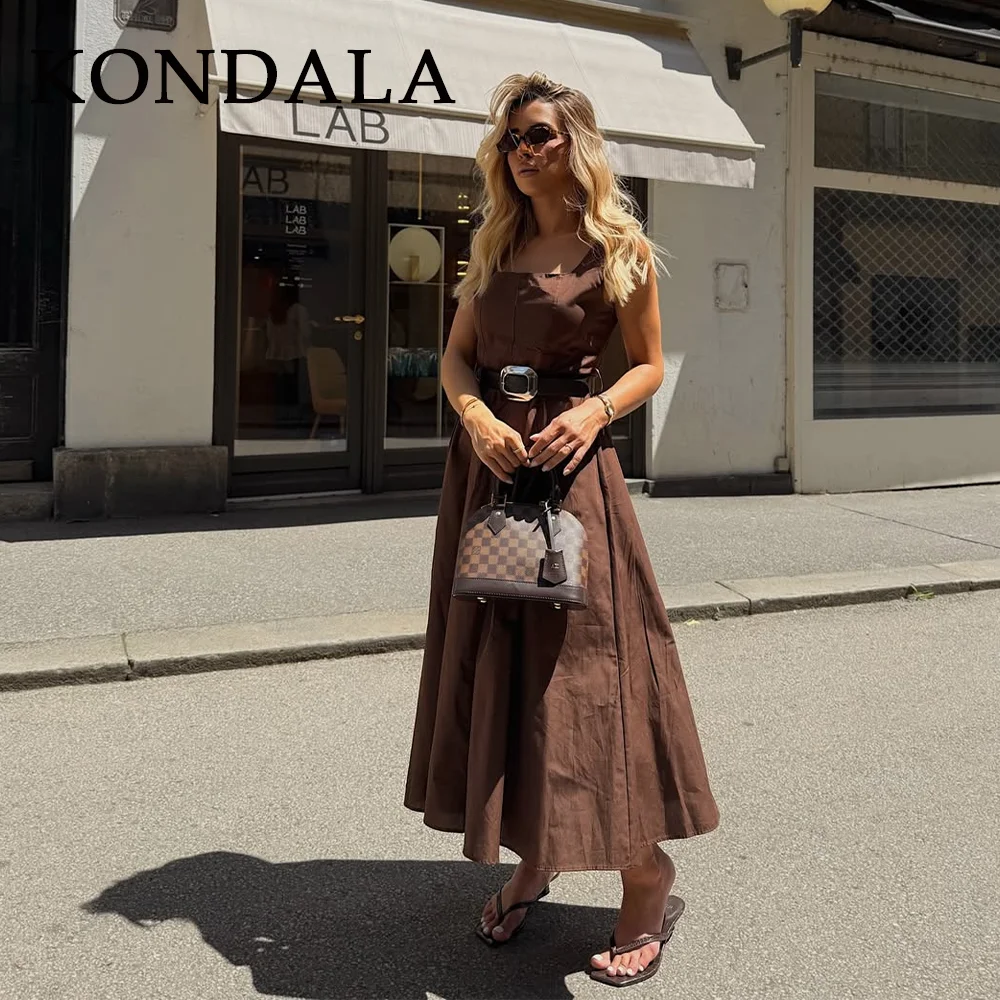 KONDALA 2026 Frühling Sommer Elegantes Kleid mit Quadratischem Kragen und Gürtel für Damen Schickes Back-to-School Date Night Outfit Lässige Damenkleider