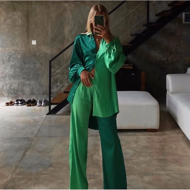 Spring Two Piece Outfits For Women Fashion 2023 Green Long Sleeve Shirts Straight Pants Set Tracksuits Lady 2 Piece Pant Suits