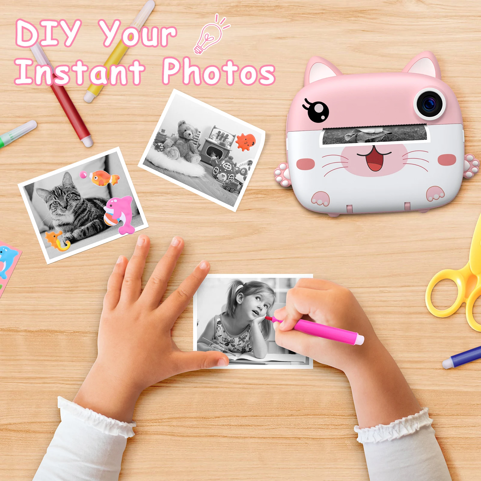 Cámara instantánea Gofunly para niños, cámara instantánea digital HD 1080P con tarjeta de 32 GB y 5 bolígrafos de color, cámara instantánea para regalos de niños