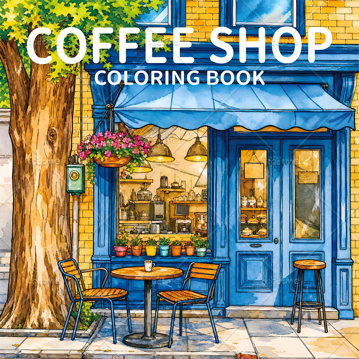 Coffee Shop Coloring Book for Adults, Watercolor Street Cafe Storefront Floral Decor Urban Scenes Stress Relief Drawing Art Gift