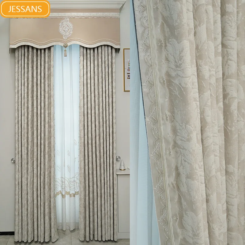 New Beige Jacquard Lace Splicing Chenille Curtains for Living Room Bedroom French Window Customized Finished Products Valance