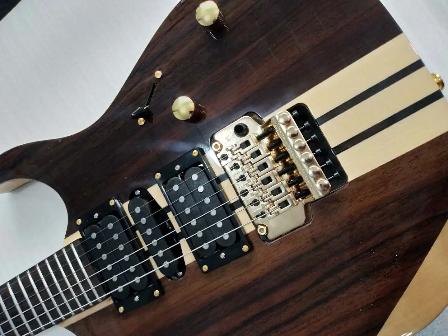 High-end custom 6 string electric guitar, neck running through body, rose wood veneer, gold hardware, free shipping