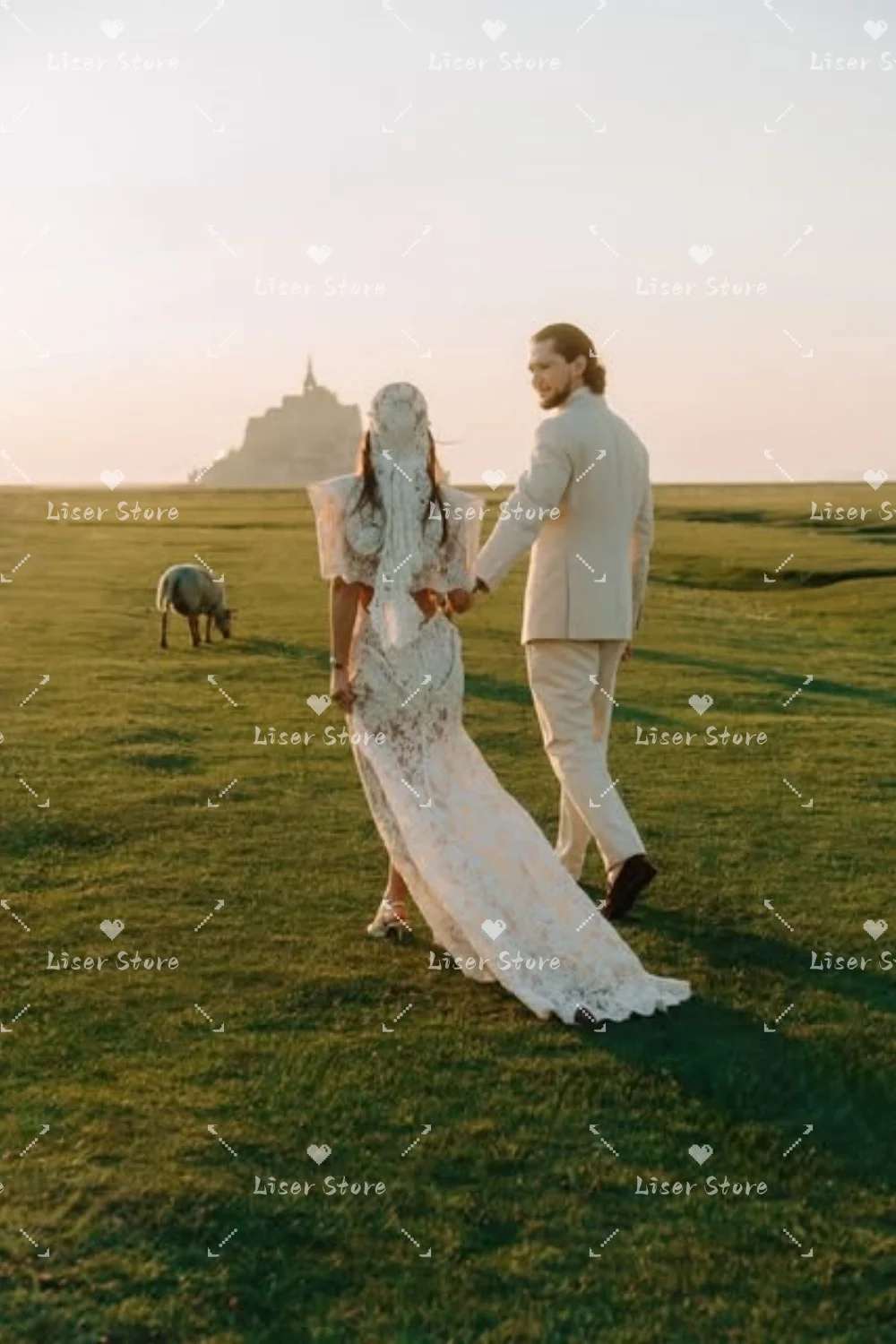 Liser Customized Ivory High Neck Cape Backless Lace Mermaid Wedding Dress Sheer Fabric Countryside Outdoor Photoshoot 2026