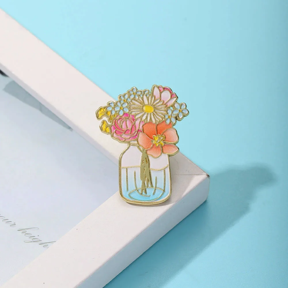 Creative Illustration Vase Flower Design Brooch Commute Alloy Enamel Colorful Bouquet Lapel Pin Badge DIY Clothing Bags Hat Gift