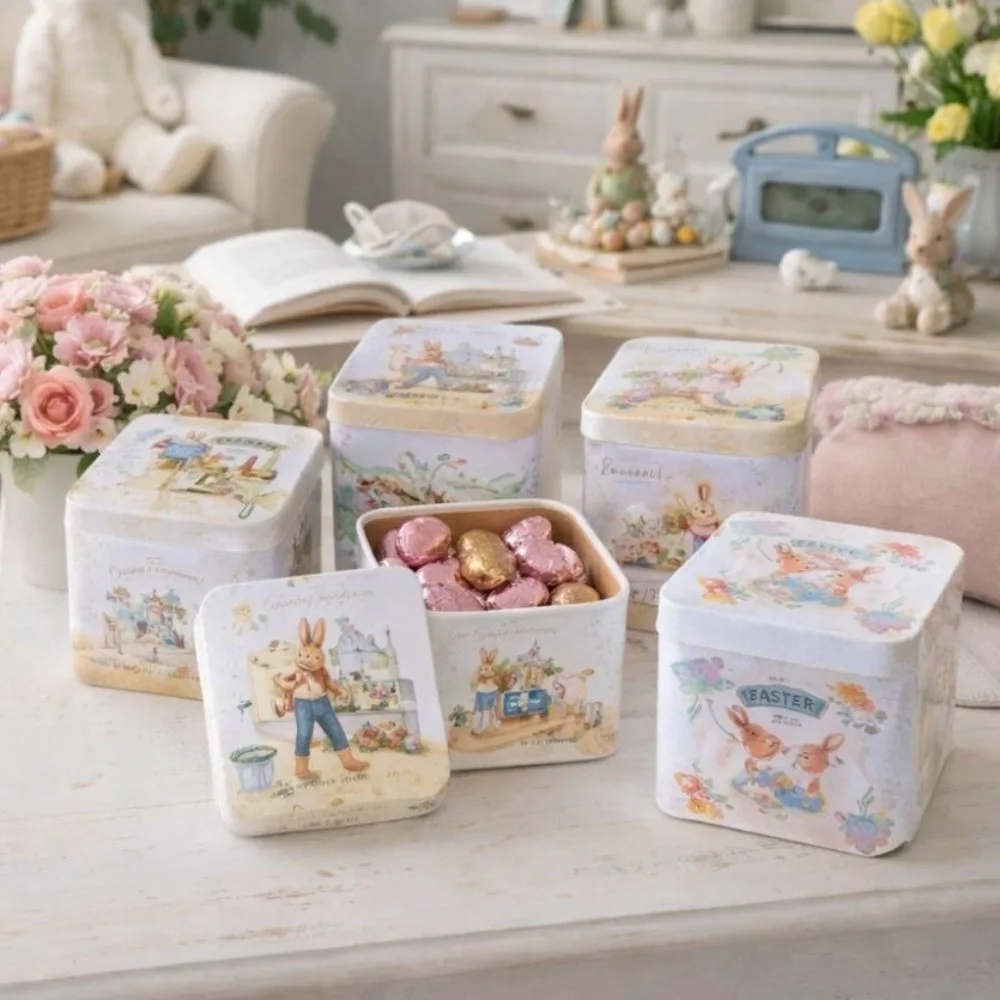 

Multi-Purpose Cartoon Easter Tinplate Box with Lids Portable Rabbits Candy Box Vintage Metal Small Tin Can Home Party Decor