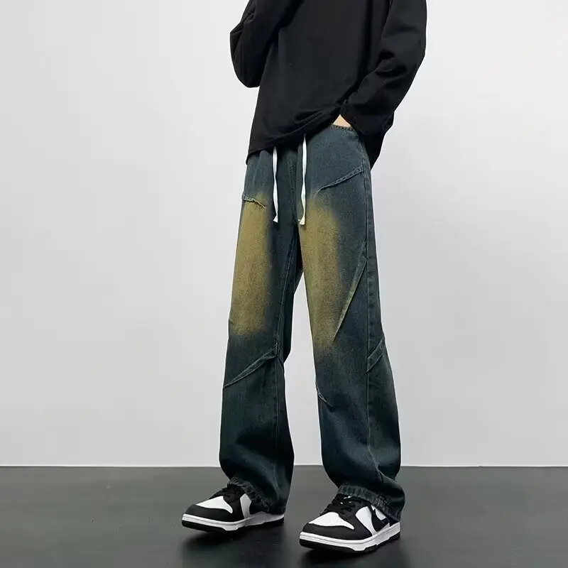 Vintage Blue Jean Pants Men Hip Hop Denim Trousers Male Streetwear Fashion Elastic Waist Autumn Retro Casual Straight Jeans