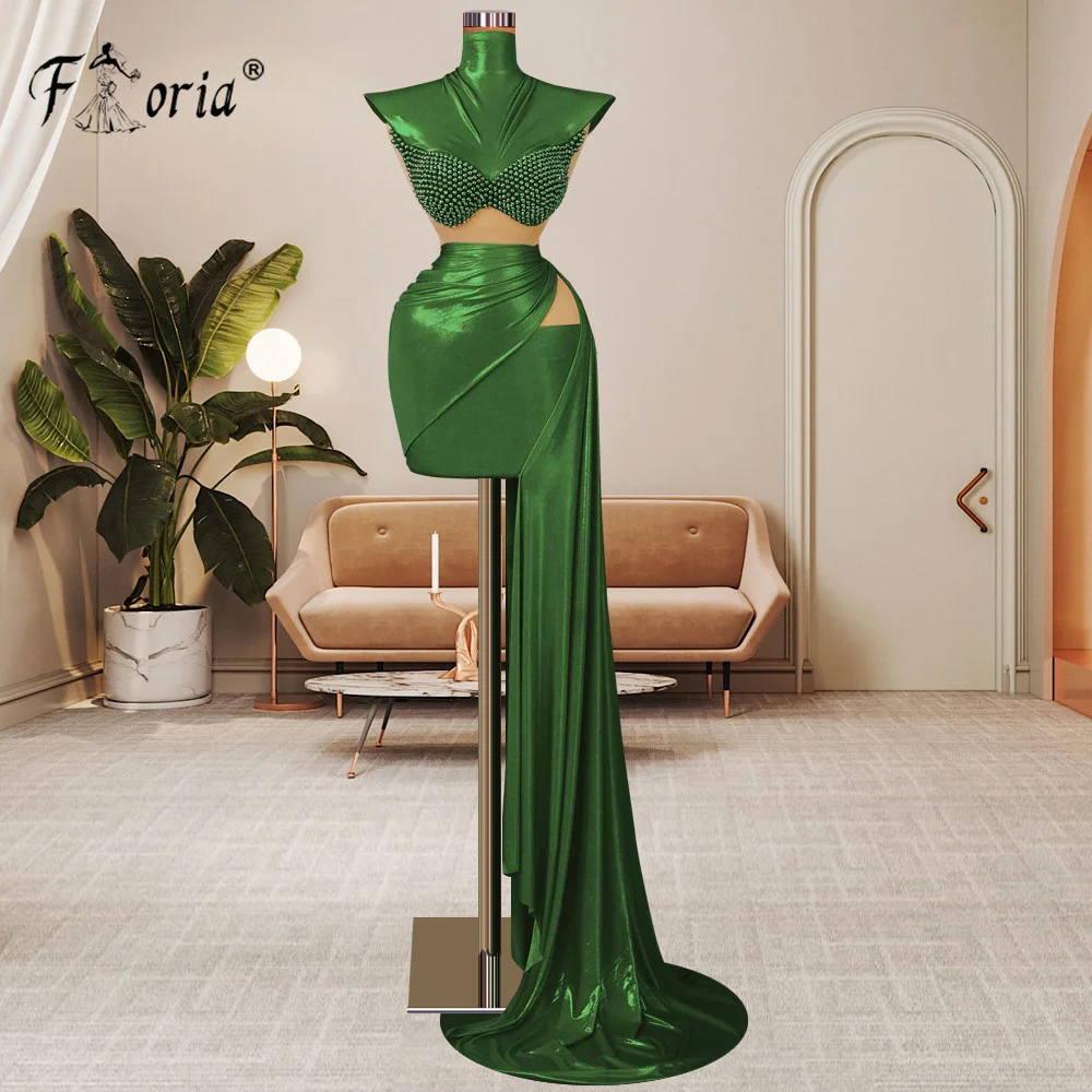 High Neck Cap Sleeve Metalic Fabric Pearls Short Cocktial Dress with Side Train Cut Out Waist Fashion Prom Dresses Graduation