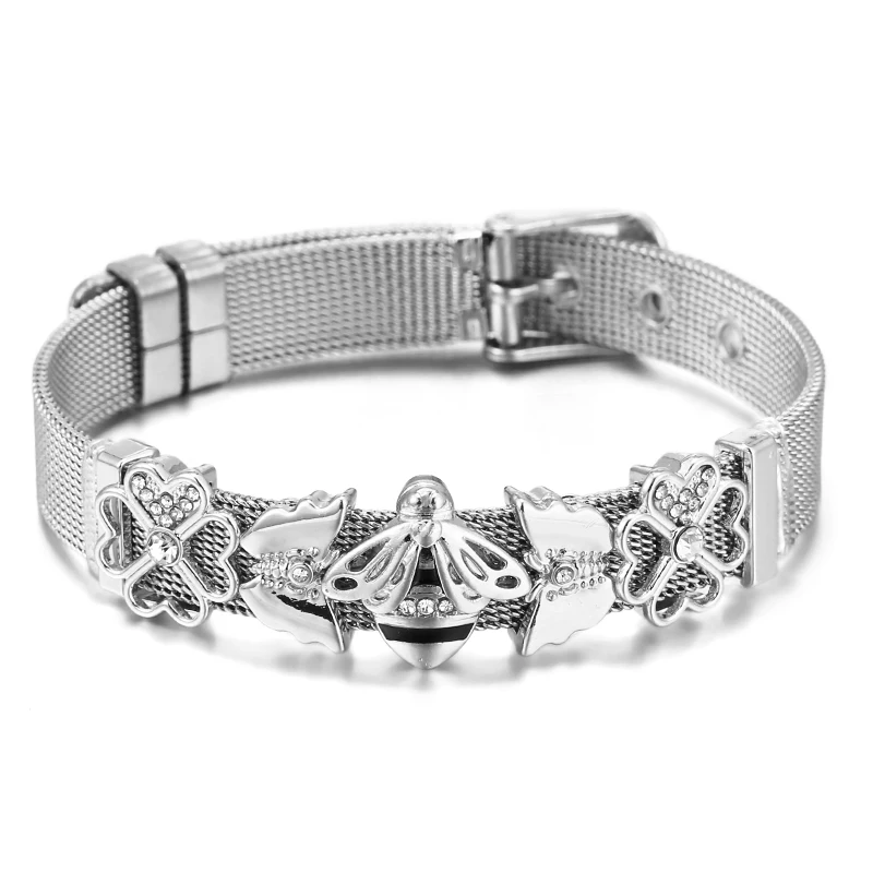 10mm ew Hot Sale Butterfly Bees Beads Stainless Steel Mesh Bracelets DIY Charm Keeper Bracelet For Women Men Brand Jewelry Gift