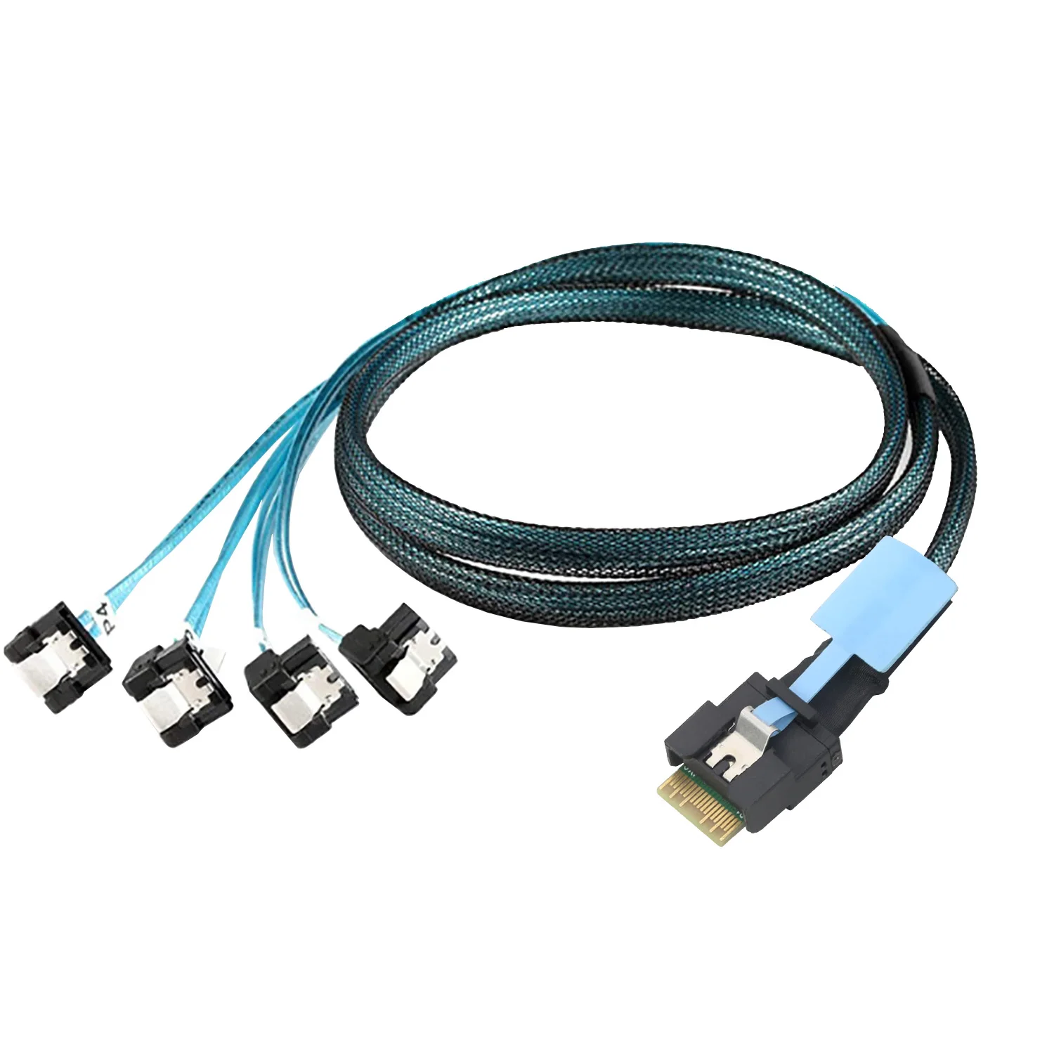 PCIE Slimline SAS SFF-8654 4I 38P Anti-deflection belt pull to 4X SATA 90 degree female for SSD High-speed Server Cable