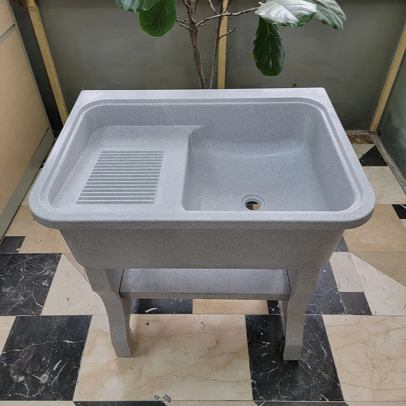 Flat Edge Quartz Stone Laundry Pool Mop Pool Balcony Outdoor with Washboard Laundry Sink Integrated Basin