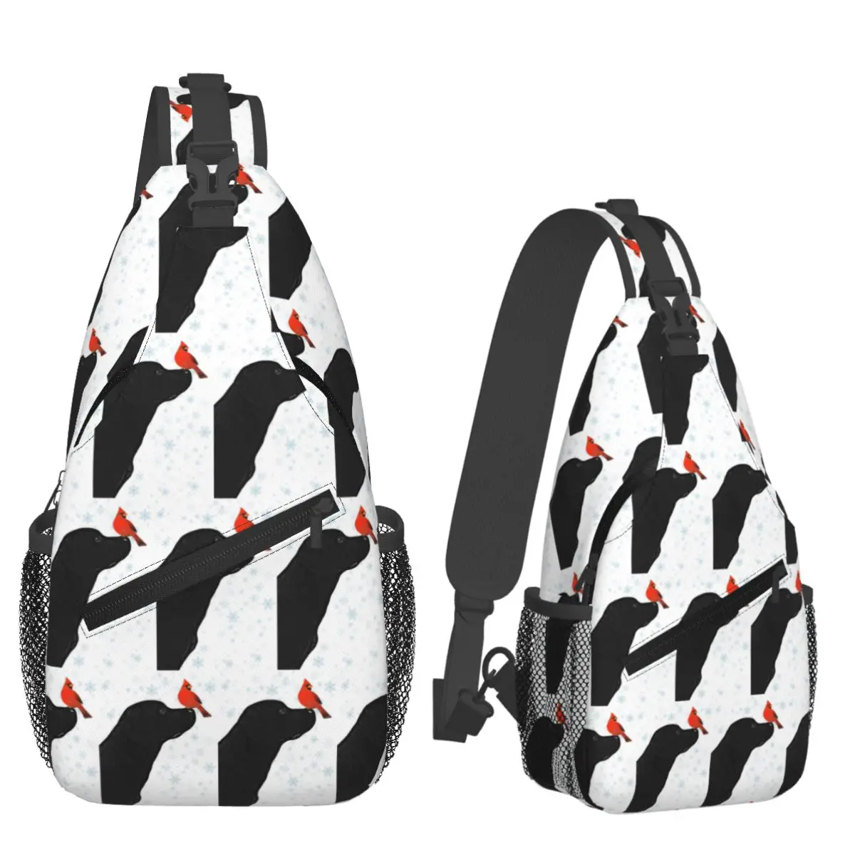 Black Labrador Christmas And Cardinal Bird Chest Bag Men Sling Crossbody Backpack Chest Bag Travel Hiking Daypack Shoulder Bag