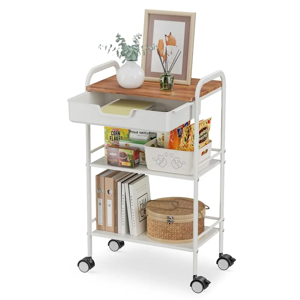 

3 Tier Rolling Cart With Drawer, Metal Rolling Storage Cart With Table Top, Modern Utility Cart On Wheels Kitchen Cart Storage