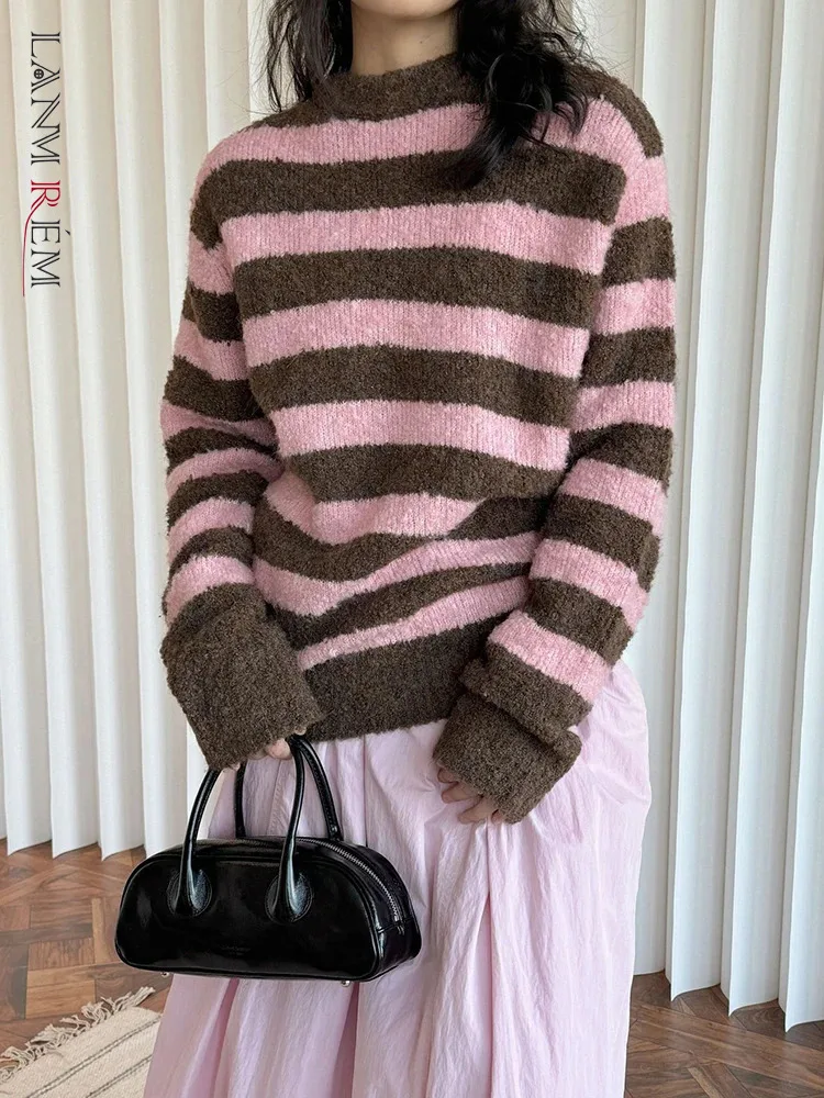 

[LANMREM] Vintage Striped Knit Pullover Women's Round Neck Long Sleeve Office Lady Warm Sweater Fashion 2024 Winter New 26C1052