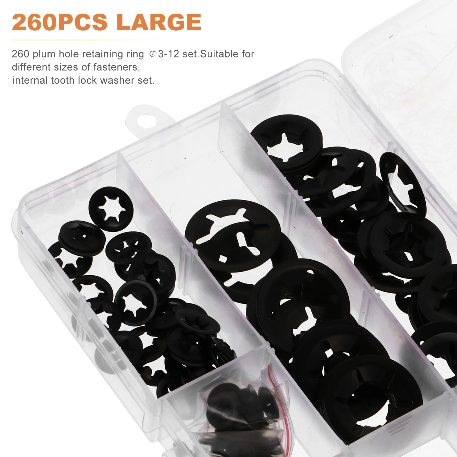 

260pcs Retaining Clips Snap Rings Manganese Steel Tools Black 65 Washers Assortment Storage Box Organized Specifications Thrust