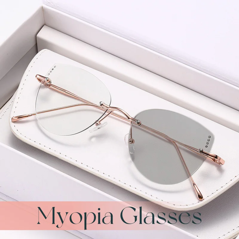 

Anti Blue Light Sensitive Color Changing Metal Frame Myopia Glasses Fashionable Cat Eye Frame Color Changing Myopia Glasses