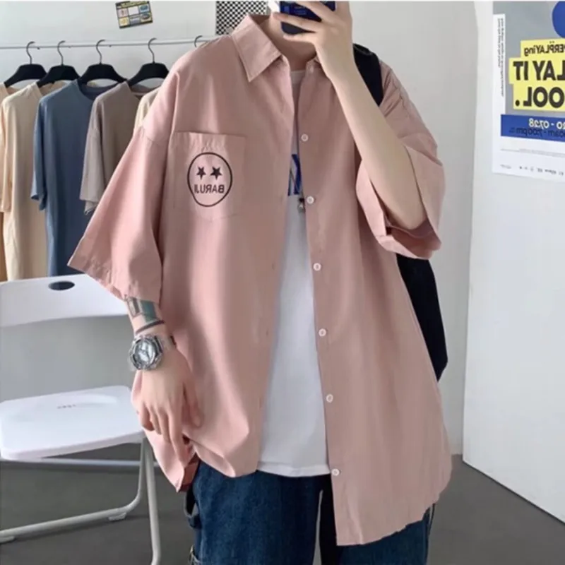 

Ice Silk Short Sleeve Shirt Men's Summer Thin Loose Design Sense Trendy Print Shirt Youth Popular Geometry Pattern Sharp Collar