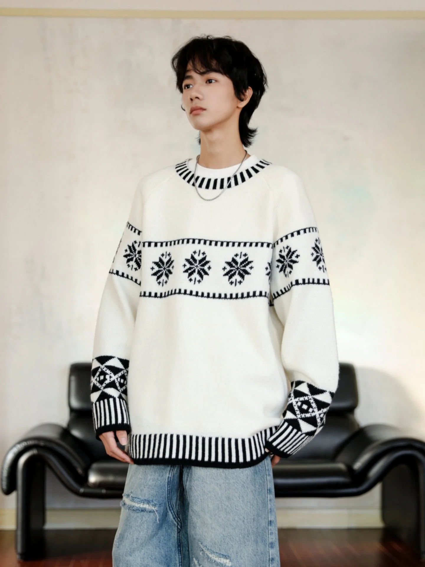 

Мужской зимний свитер Cisas Aosphere с круглым вырезом, в стиле ретро Fair Isle, с цветовыми блоками, повседневный, комфортный, мягкий, для ношения под одеждой