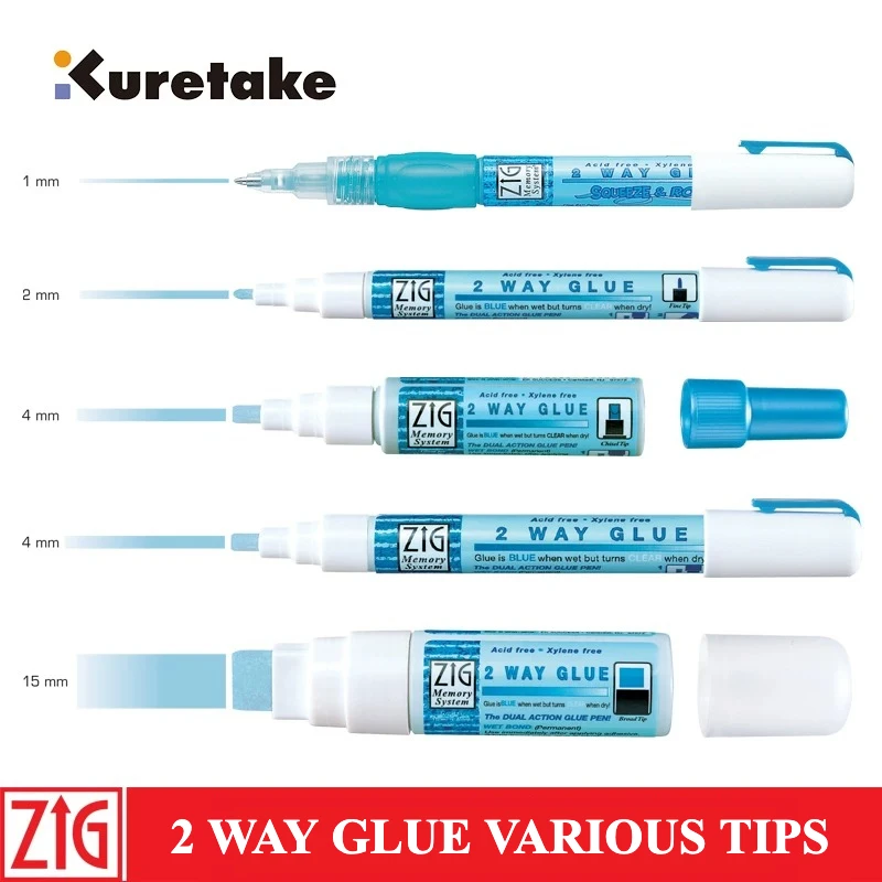 Japan Kuretake Zig 2-Wege-Klebestift, 1/2/4/15mm Feine Spitze, Klebstoff für Profis, Künstler, Basteln, Scrapbooking, Geschenkkarten