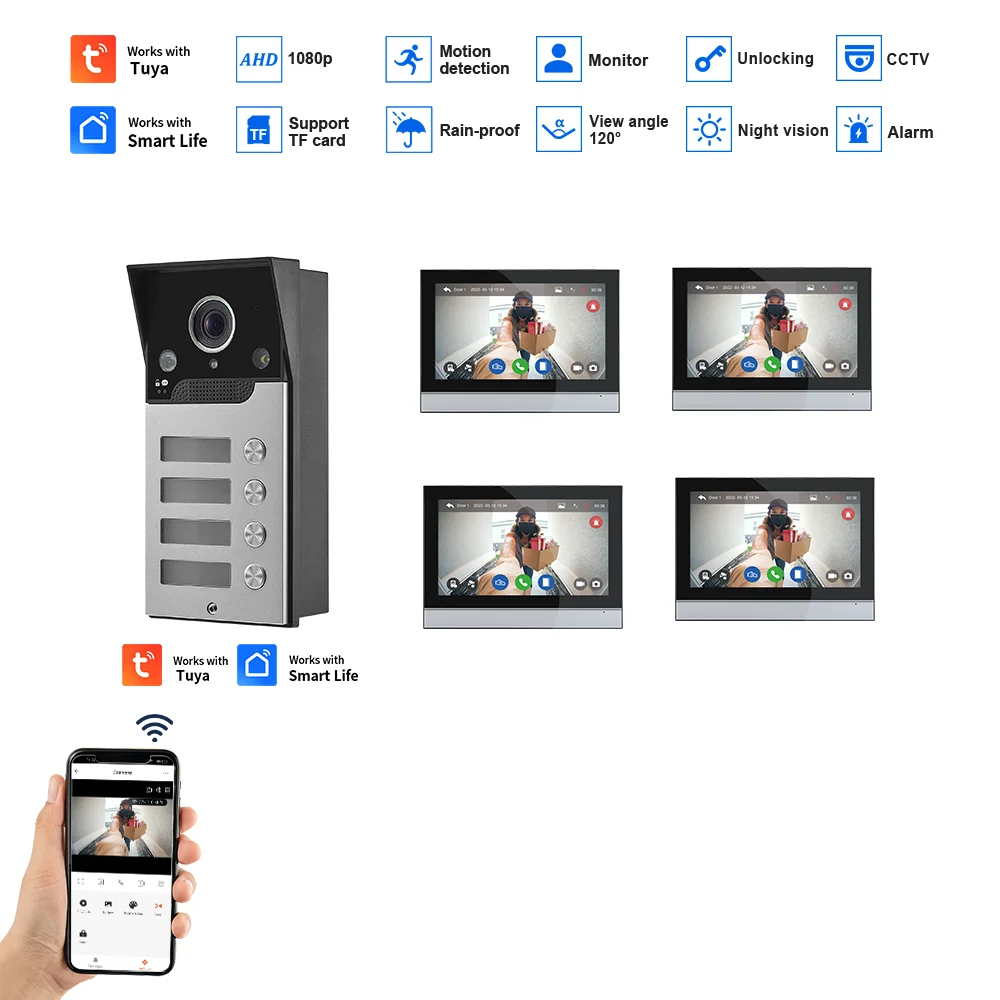 2/3/4Units Tuya Wifi Building Video Doorbell 1080P 10inch Big Screen Touchscreen Smart App Home Intercom Video Door Phone Kit