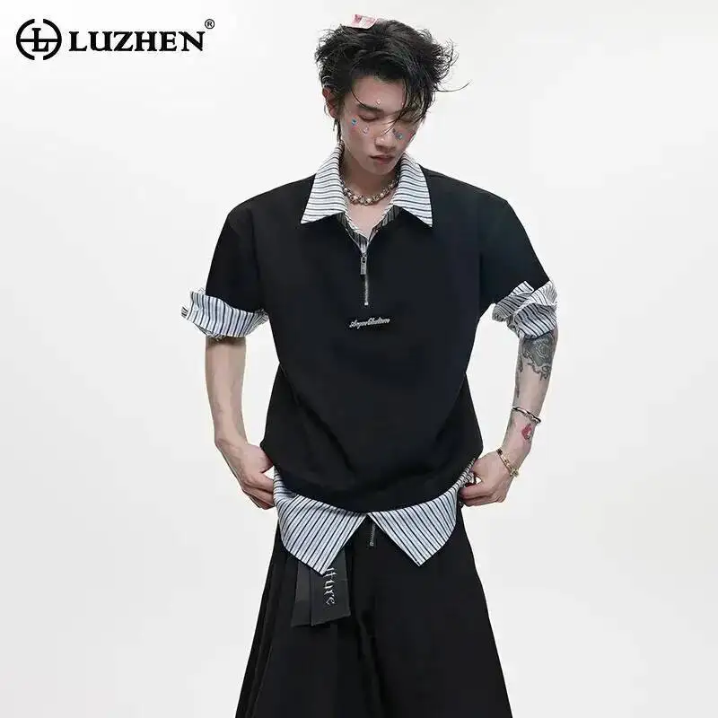 LUZHEN Two Design Short Sleeve Fake Shirts Piece Men's High Quality Handsome Clothes 2026 Summer Original Stripe Splicing JY7613