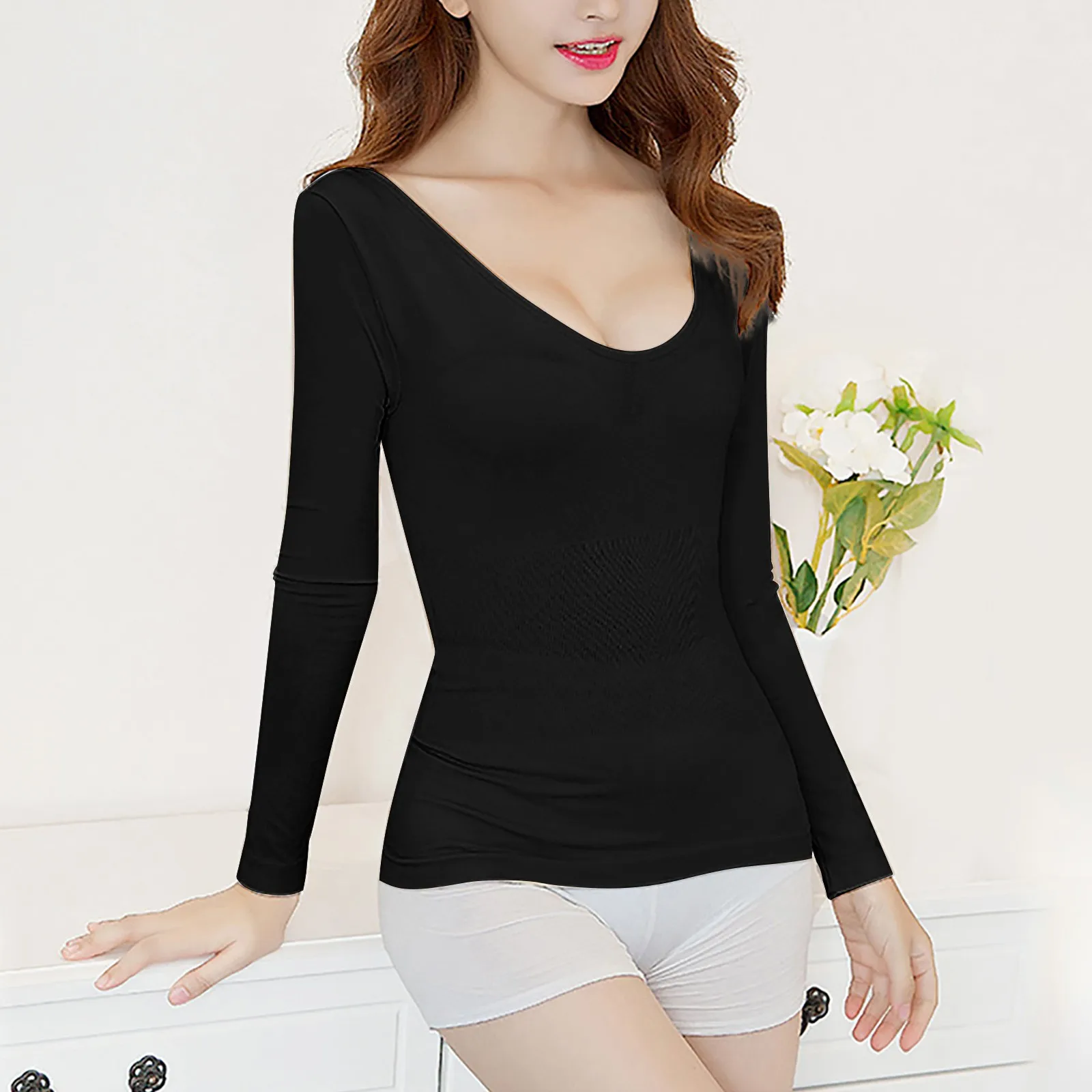 Low Crew Neck Thin Thermal Underwear Tops Thermostatic Body Beauty Bottoming Shirts Women Seamless Autumn Slim Fit T Shirts