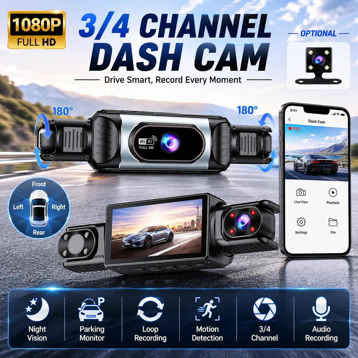 3/4 Channel Dash Cam for Cars,WiFi & App Live View, F2.0 Night Vision & WDR, G-Sensor Lock, Loop Recording