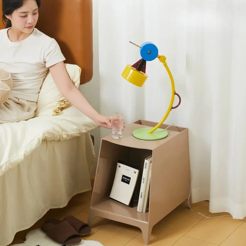 Mid-Century Modern Side Table, Plastic Bedside Table with Cable Port, Portable Sofa End Table & Nightstand with Storage