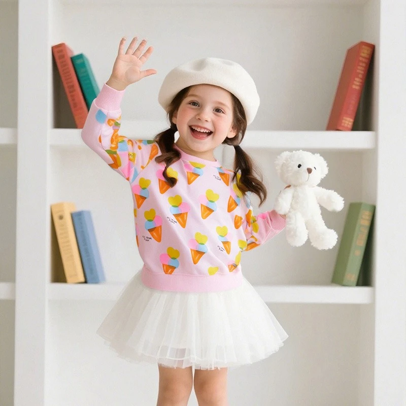 Girls Pullover Tops 100% Cotton Sweatshirts Ice‑Cream Print Hoodies Toddler Kids Crew Neck Long Sleeve Autumn Winter Clothes