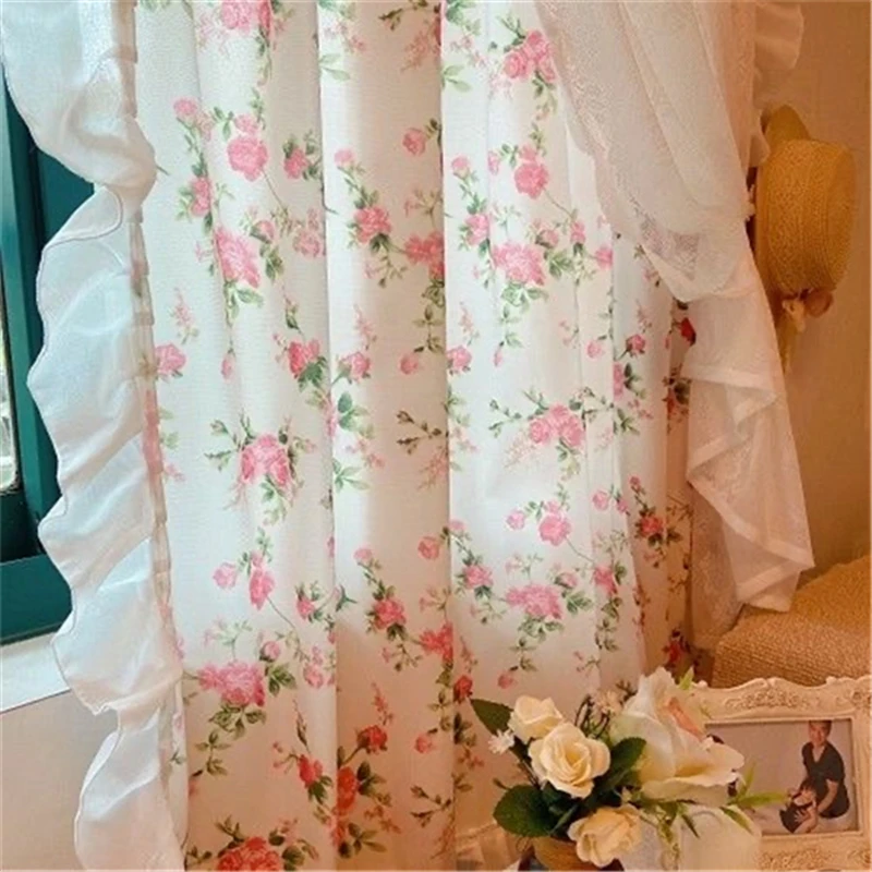 French Idyllic Double-layer Ruffle Side Lace Flowers Curtains Living Room Polyester Cotton Pink Curtain Cloth Kitchen