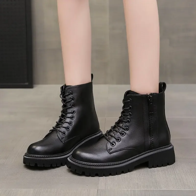 Women Boots Platform Ankle Boots Autumn Winter Shoes Genuine Leather Motorcycle 6 Boot Punk Shoes Women Booties Botas Mujer