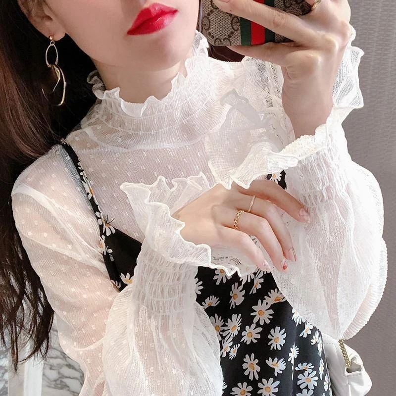 

Женская сетчатая блузка с рукавами-колокольчиками, прозрачный кружевной верх, многослойный слой с платьями, весна-осень 2021, новая модная базовая многослойная рубашка-туника