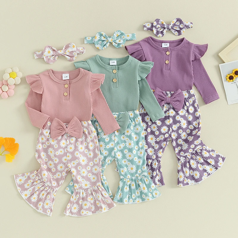 

2023-11-09 Lioraitiin 0-18M Newborn Baby Girl Clothes Rib Frill Long Sleeve Romper Daisy Flared Pants Headband Set 3pcs Outfits