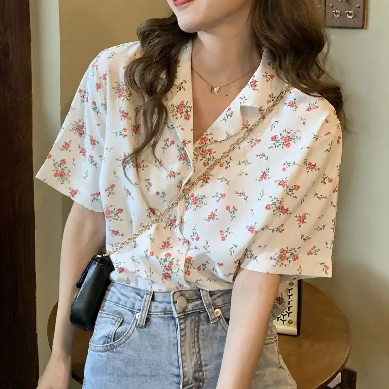 Summer Woman Clothes HongKong Retro Style Floral Printing Loose Fashion Thin Ins Chiffon Wild Youth Lively Bright Polo-neck Easy