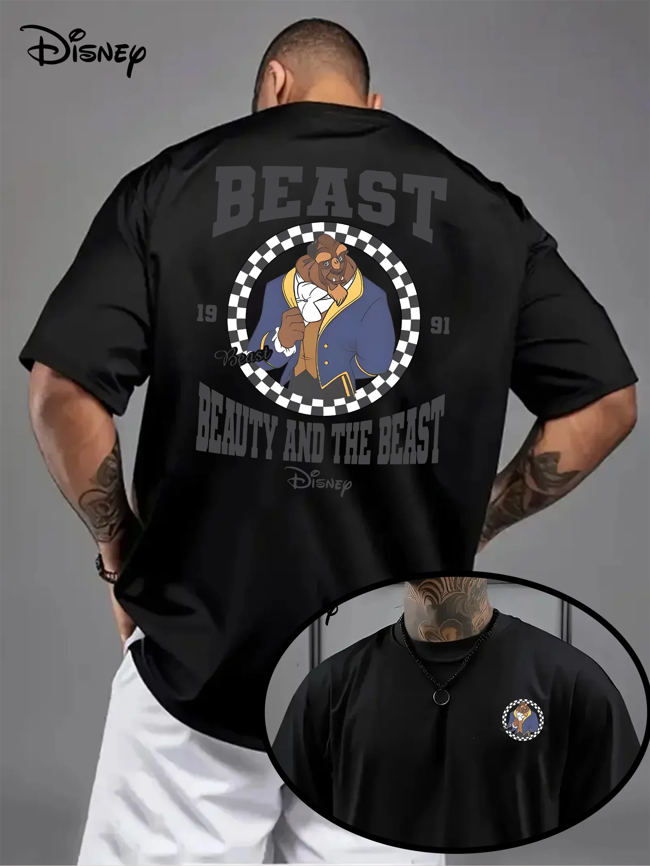 تي شيرت صيفي للرجال من Disney Beauty and The Beast ملابس ترفيهية يومية وأنشطة موضوعية للجنسين قطن بأكمام قصيرة كبيرة الحجم