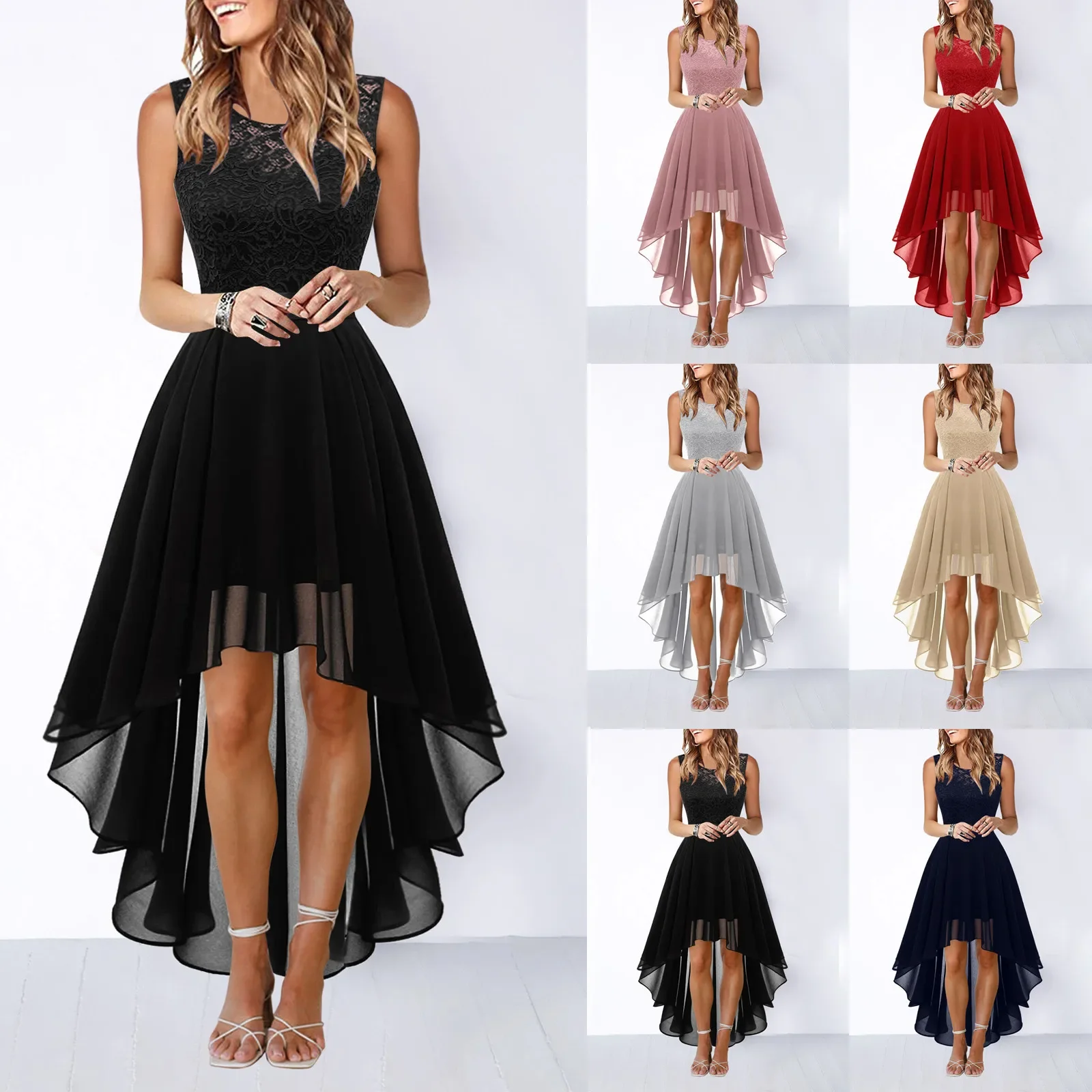 Lace Dress Bow Belt Elegant Irregular Length Dresses For Women 2023 Wedding Guest Sleeveless Bridesmaid Cocktail Party Dress