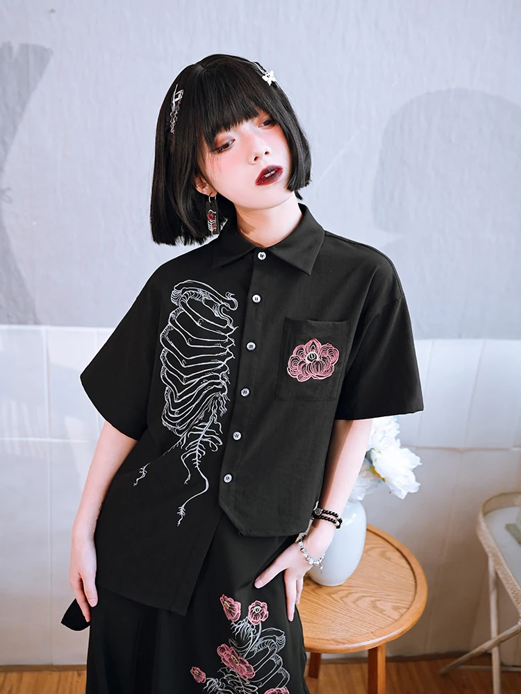 Half Sleeved Blouse for Women, Harajuku Gothic Black, Asymmetric Bone Print, Vintage Streetwear, Punk Cool Girl, New Summer