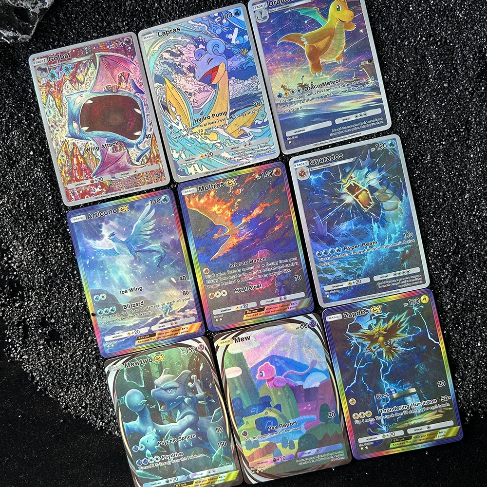 

9 шт., карманная игра PTCG, английская игровая карта Mew Ex App Moltres Articuno Dragonite Golbat Lapras Gyarados, коллекция флэш-карт