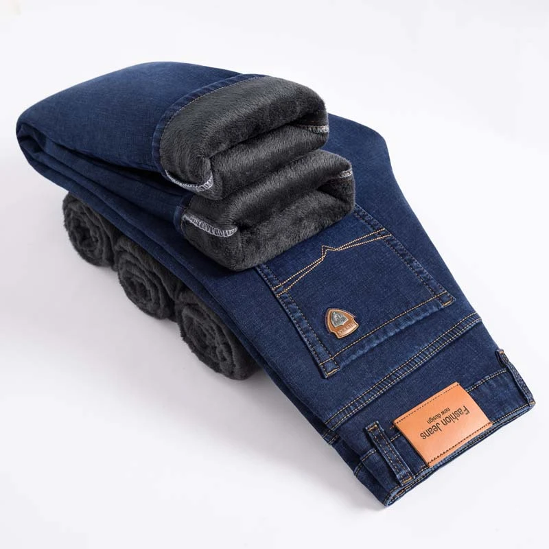 SHAN BAO 2022 Winter Brand Fit Straight Fleece Thick Warm Jeans Classic Badge Youth Men\'s Business Casual High waist Denim Jeans