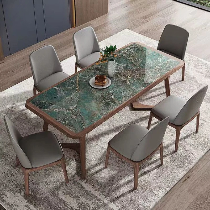 

Light luxury solid wood rock slab dining table simple ash wood solid wood legs rectangular bright Amazon rock slab dining table