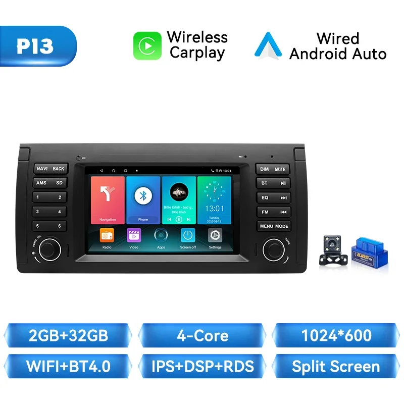Draadloze Carplay Auto Radio Speler Voor Bmw 5 Serie E39 X 5 E53 M5 1996-2003 Android 14 Navigatie Stereo 4G Wifi 8G + 128Gb Gps Dsp