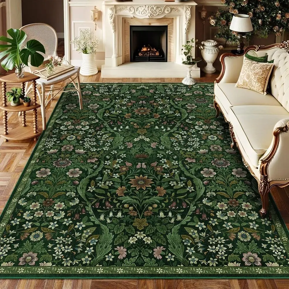 

Floral Area Rugs - Washable Dark Green Vintage Boho Style for Living Room, Bedroom, Dining Room, Kids Nursery, Home Decor