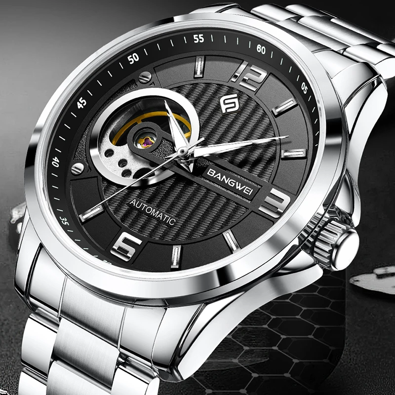 

LIGE BANGWEI Top Brand Luxury Mechanical Man Watch Classic Stainless Skeleton Flywheel Waterproof Luminous Automatic Watches Men