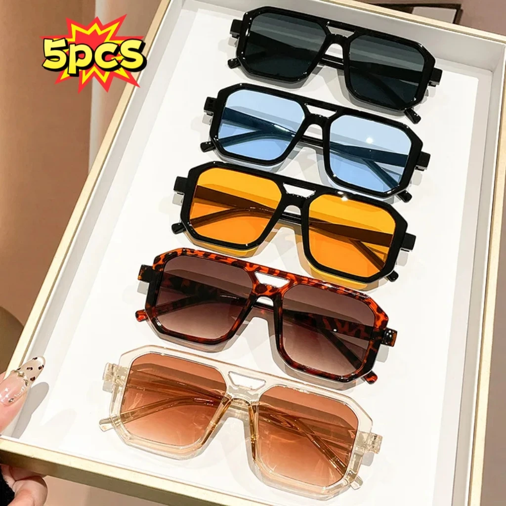 5pcs Retro Square Double Beam Sunglasses Men Women High Quality Outdoor Travel Ultraviolet Protection Sun Glasses UV400 Eyewear