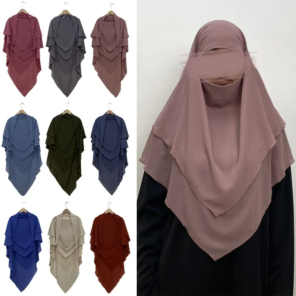 Ramadan Eid Hooded 2 Layers Chiffon Hijab Khimar Islam Abaya Turban Hijabs for Woman Head Scarf Headwraps Muslim Ramadan Solid